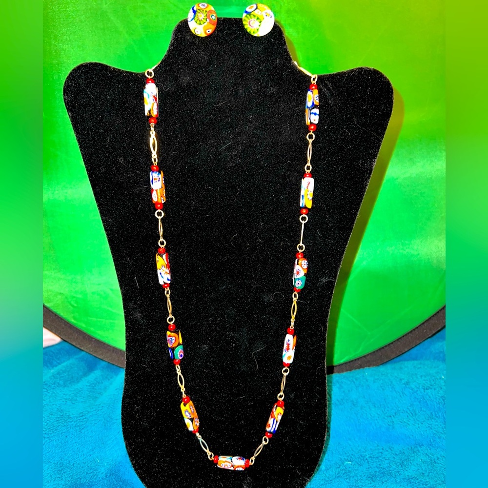 Vintage Murano Millifiore Art Glass Bead Necklace 26”, Murano Cabochon Earrings
